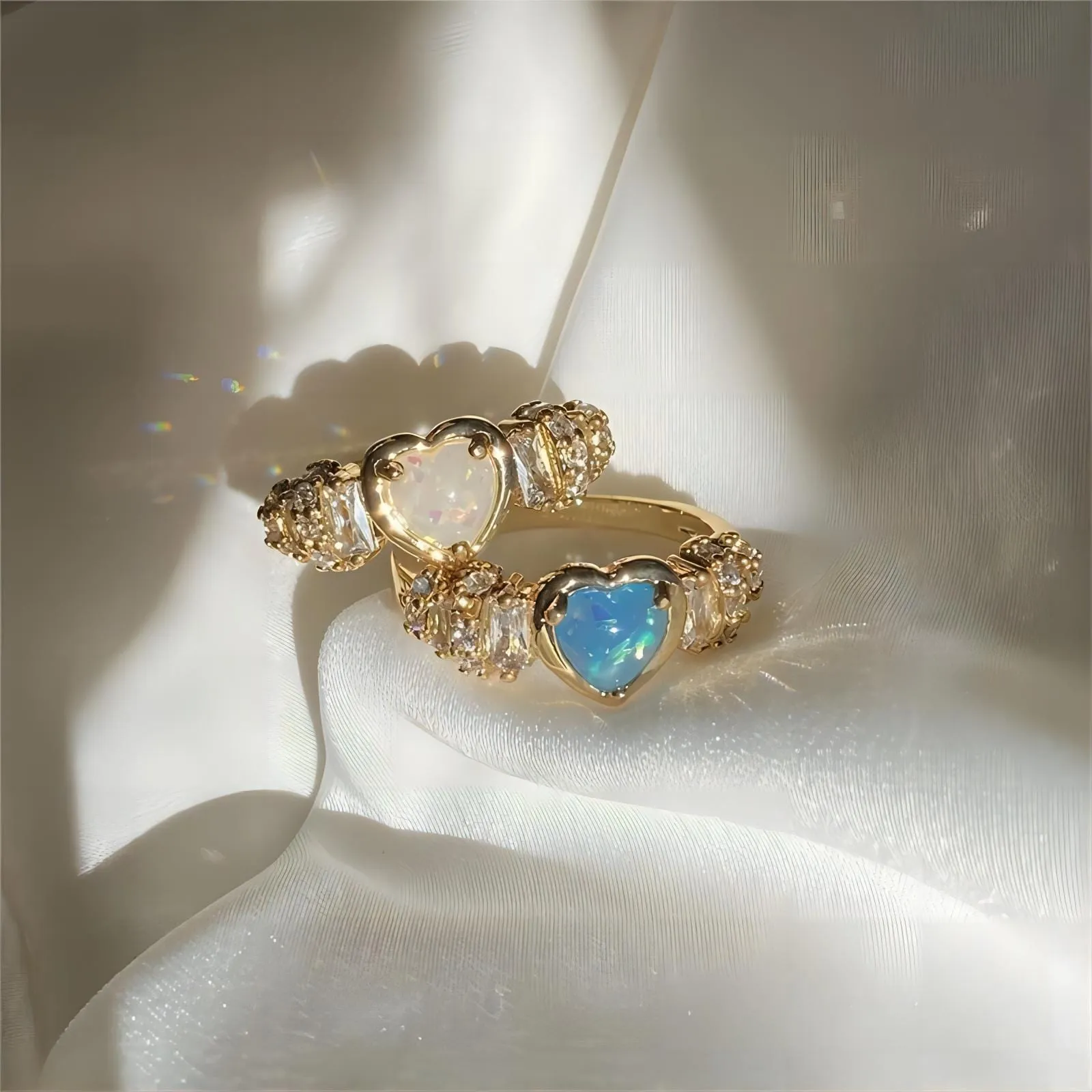 Chic Rhinestone Inlaid Opal Heart Ring