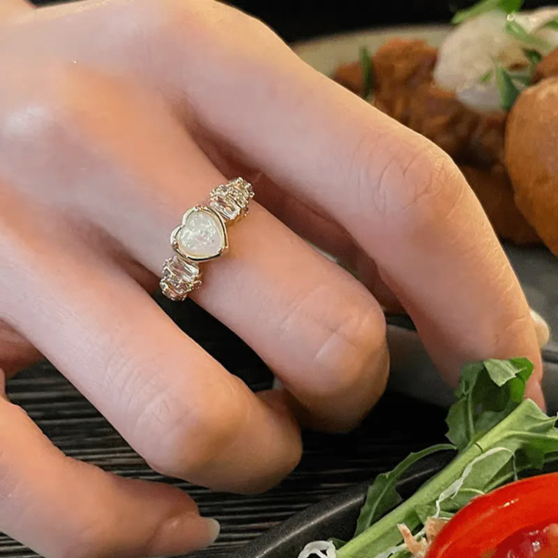 Chic Rhinestone Inlaid Opal Heart Ring