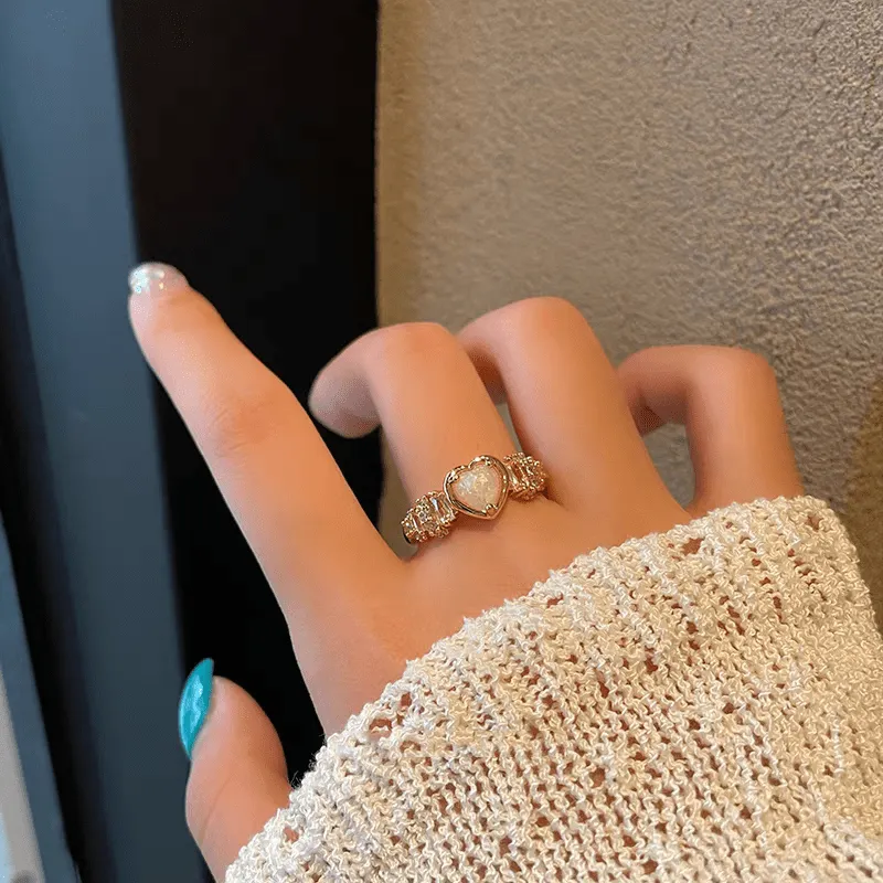 Chic Rhinestone Inlaid Opal Heart Ring