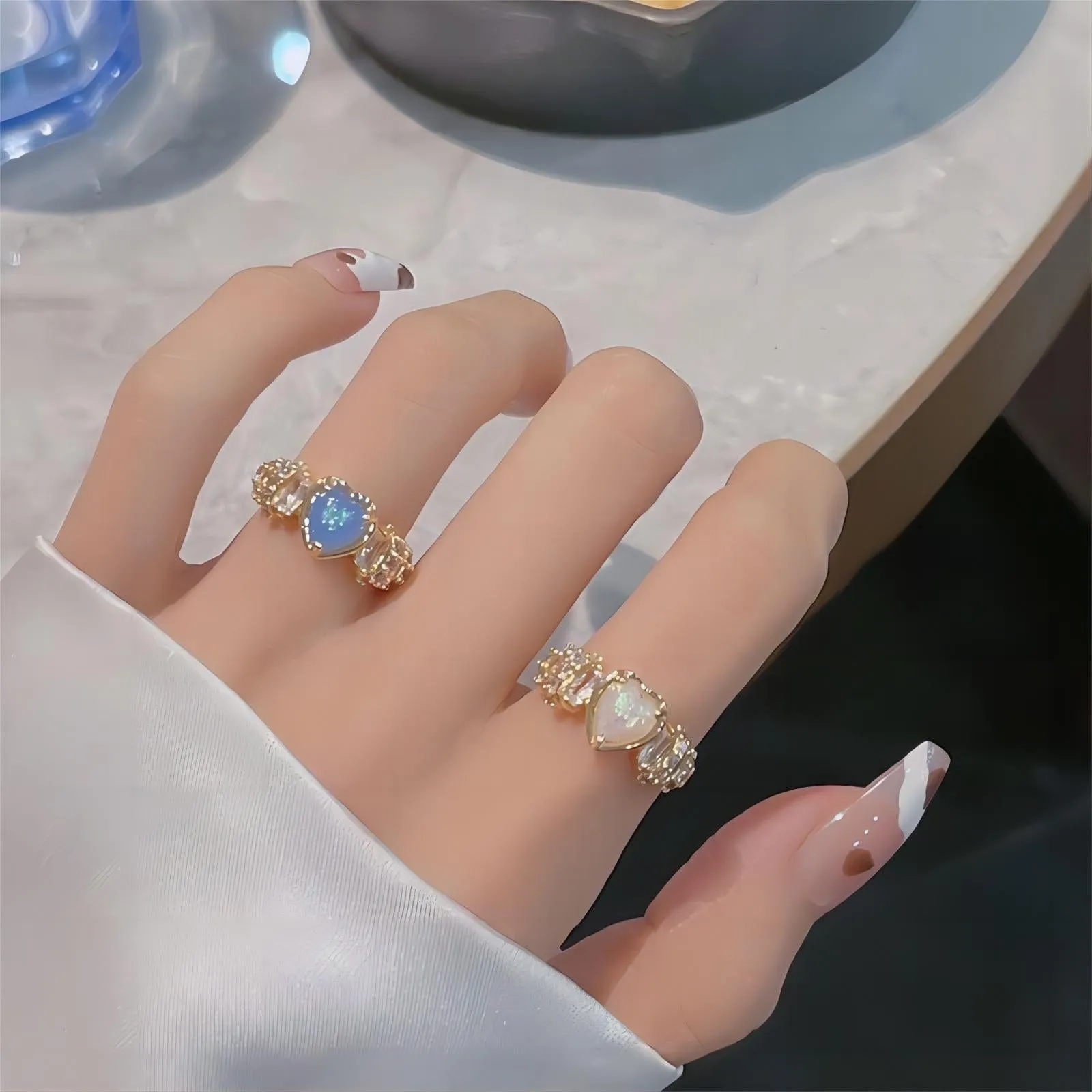 Chic Rhinestone Inlaid Opal Heart Ring