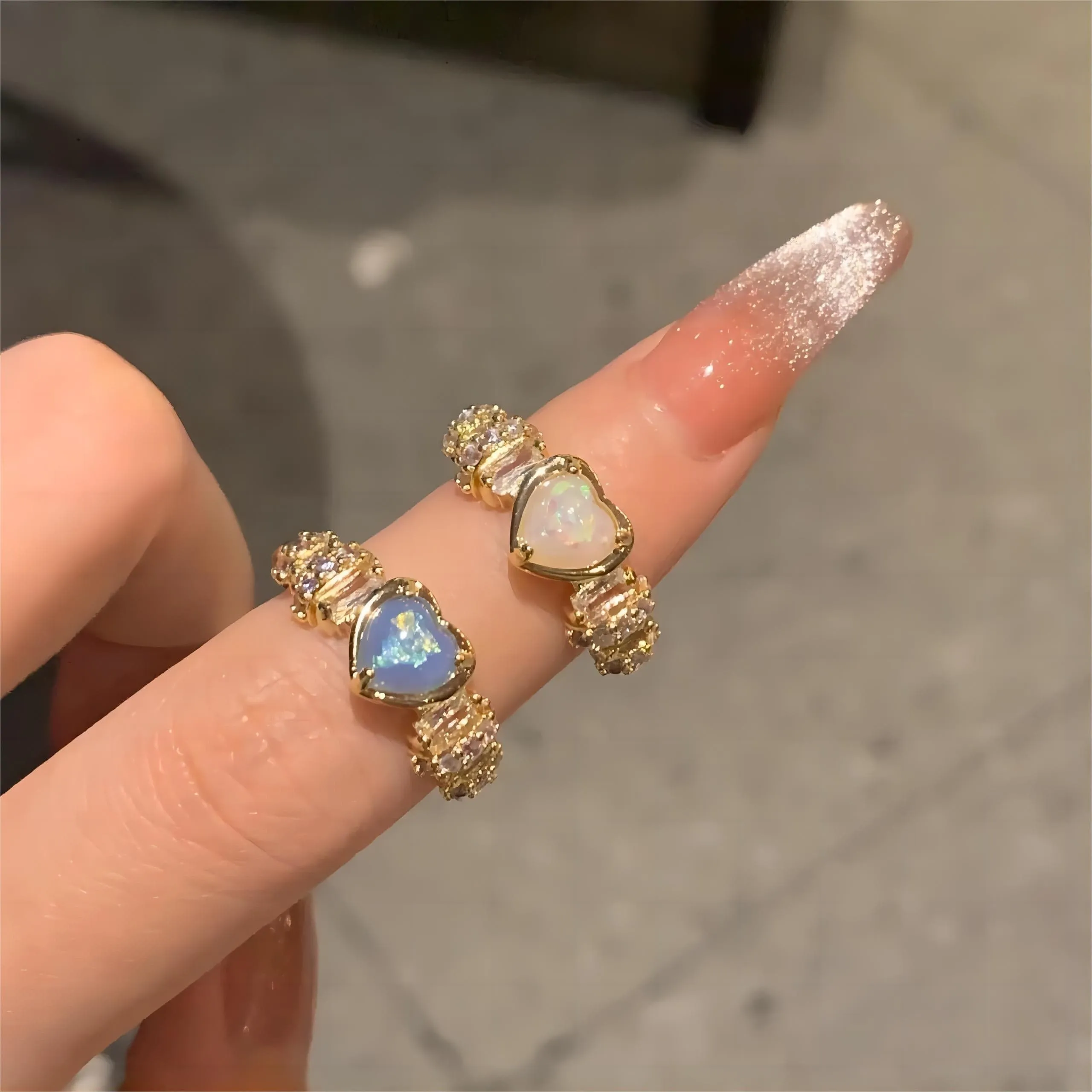 Chic Rhinestone Inlaid Opal Heart Ring