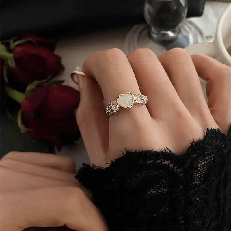 Chic Rhinestone Inlaid Opal Heart Ring