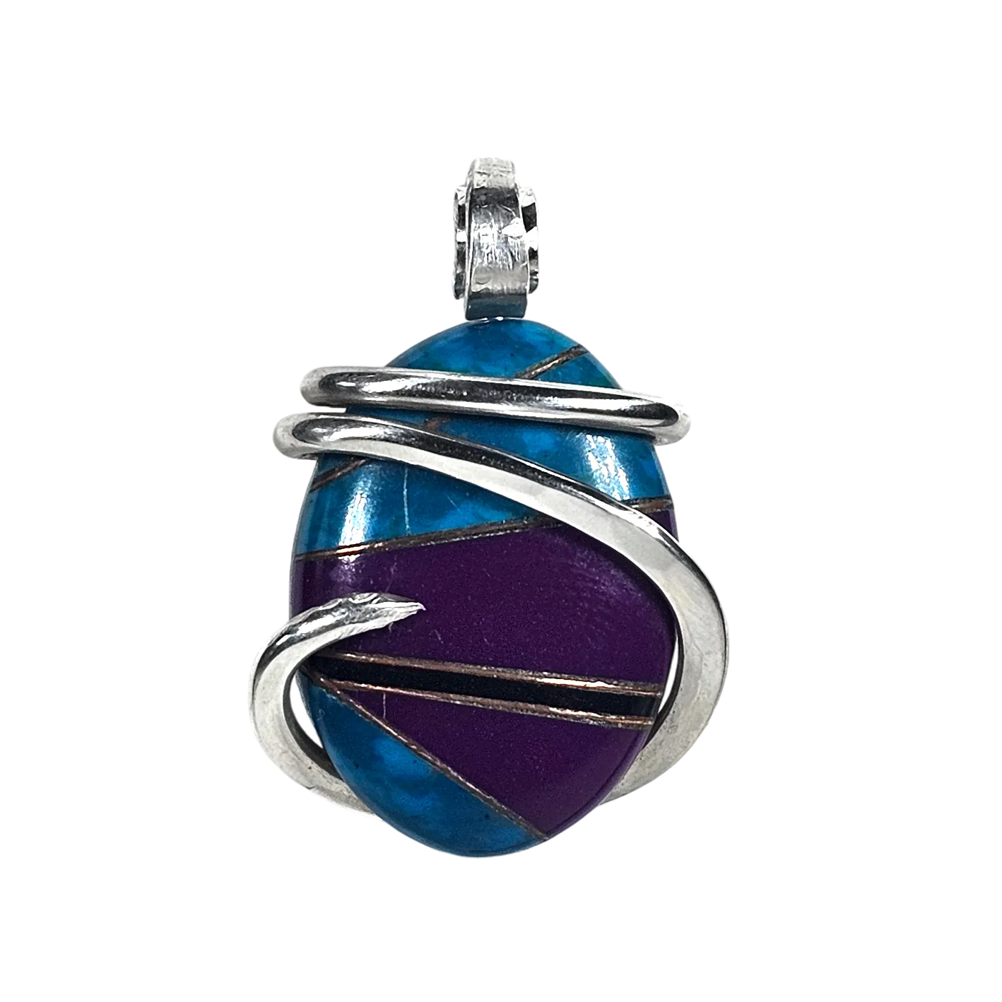 Chrysocolla, Sugilite and Black Onyx with Gold Inlays Handmade Pendant Wrapped in Silver (Antique Bead)