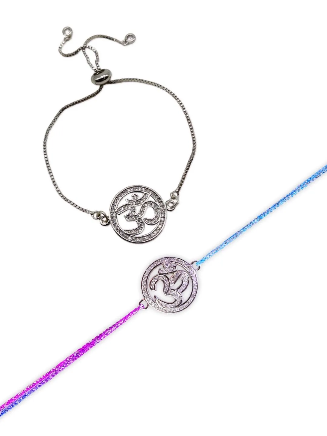(Combo of 2) American Diamond Om Designs Designer Silver Rakhi & Bracelet For Brother-Bhabhi
