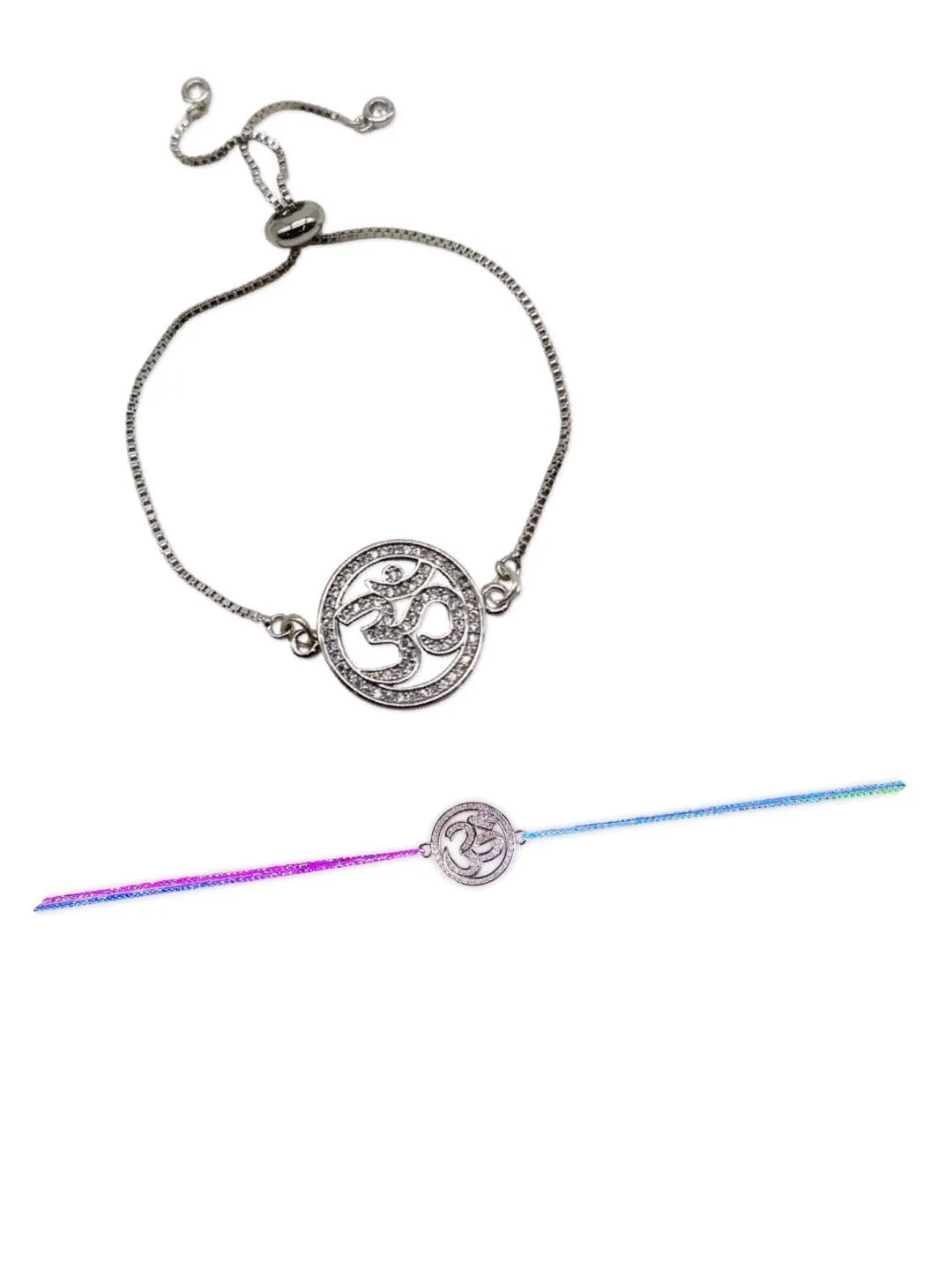 (Combo of 2) American Diamond Om Designs Designer Silver Rakhi & Bracelet For Brother-Bhabhi