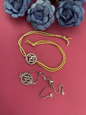 (Combo of 2) American Diamond Om Designs Designer Silver Rakhi & Bracelet For Brother-Bhabhi
