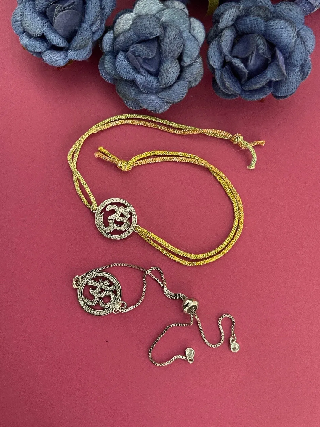 (Combo of 2) American Diamond Om Designs Designer Silver Rakhi & Bracelet For Brother-Bhabhi