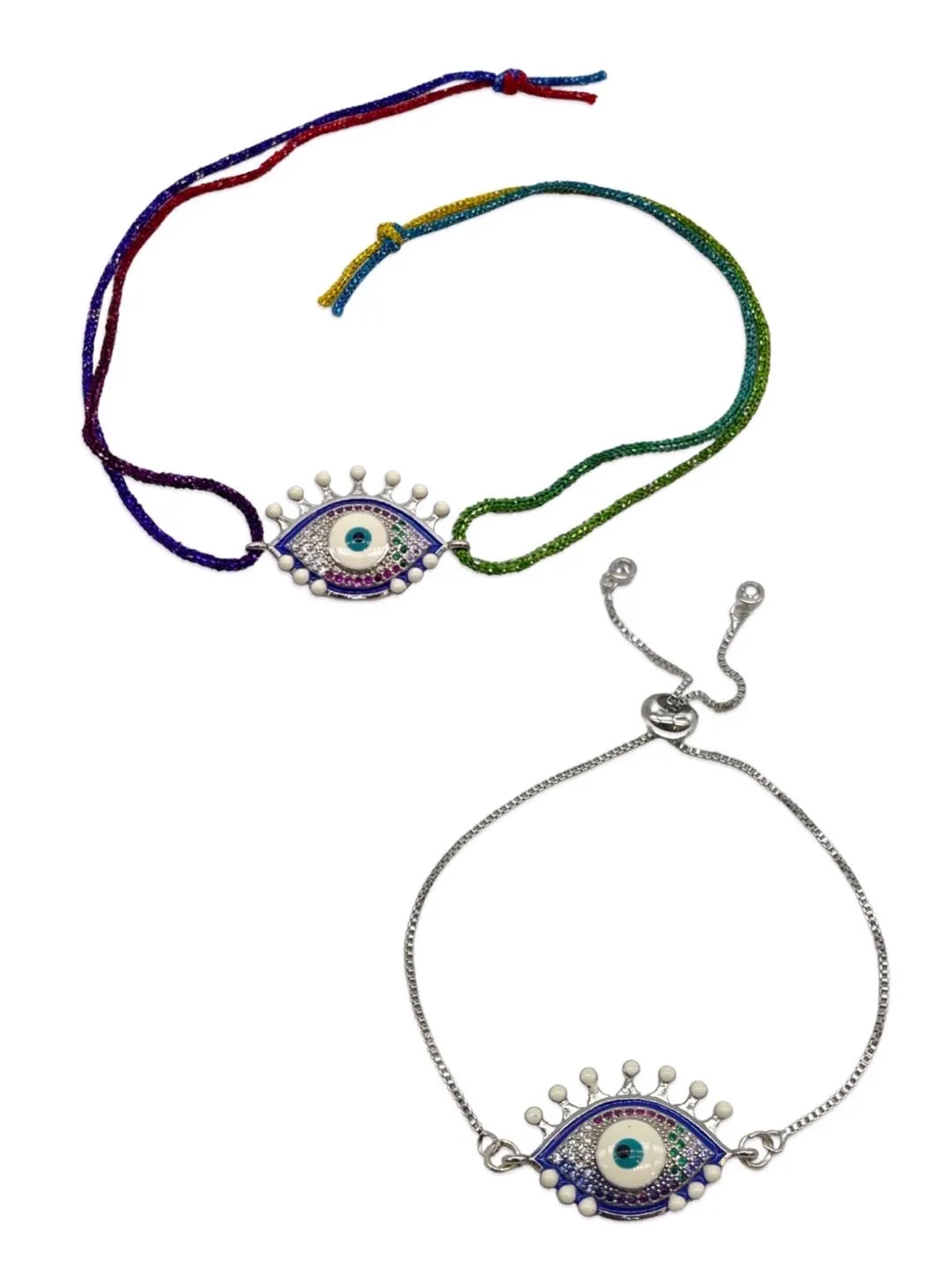 (Combo of 2) Diamond multicolour Evil Eye Charm Silver Bracelet & Thread Rakhi For Bhabhi-Brother