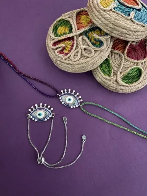 (Combo of 2) Diamond multicolour Evil Eye Charm Silver Bracelet & Thread Rakhi For Bhabhi-Brother