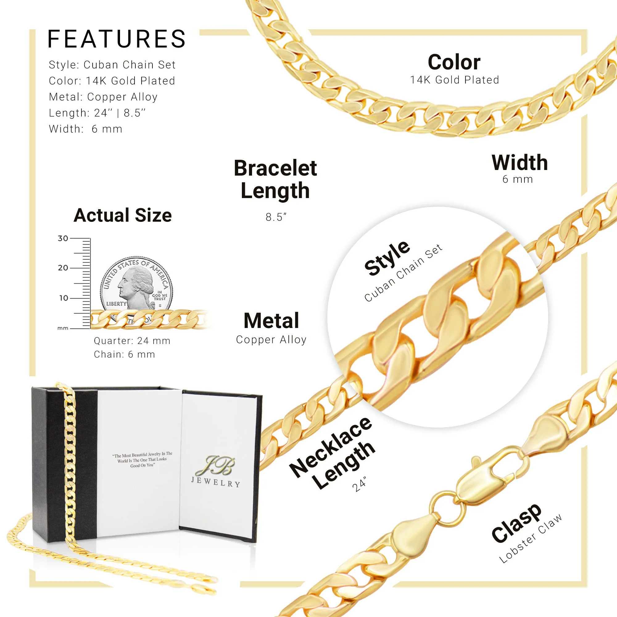 Cuban Link 14K Gold Filled Necklace 24" Bracelet 8.5" Set