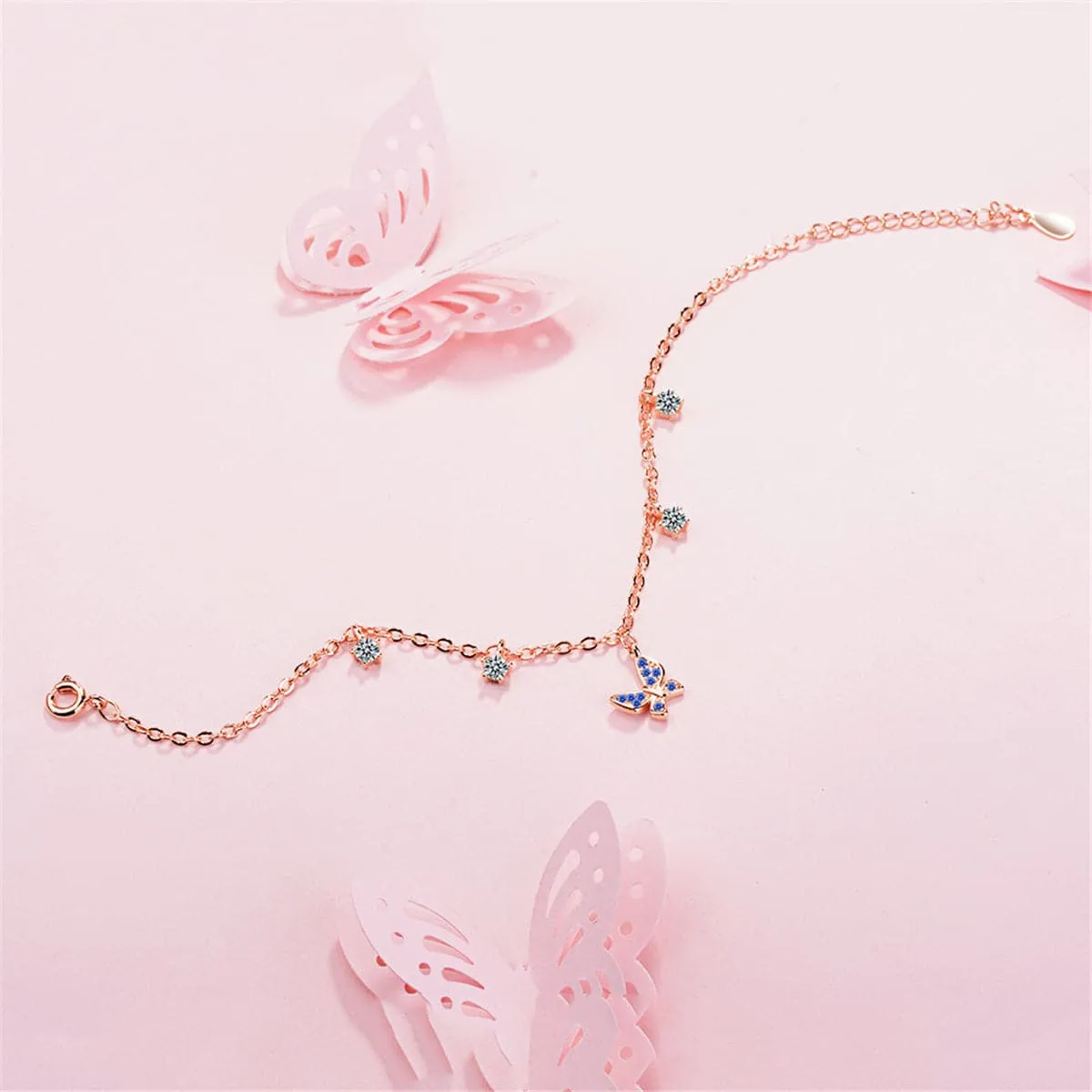 Cubic Zirconia & 18K Rose Gold-Plated Butterfly Charm Bracelet