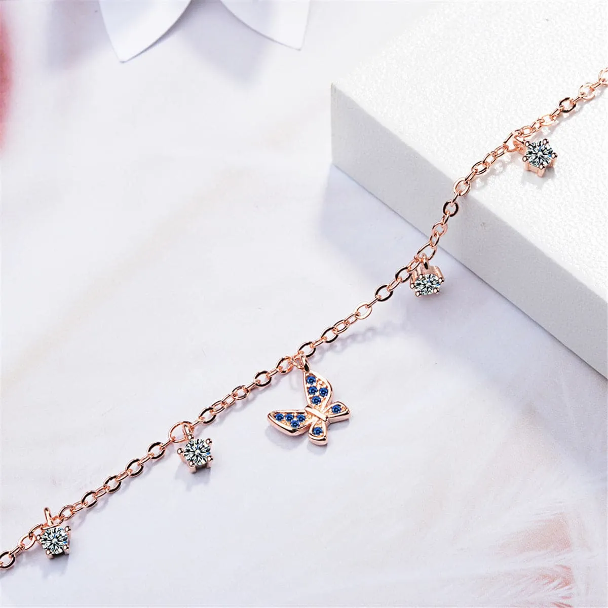 Cubic Zirconia & 18K Rose Gold-Plated Butterfly Charm Bracelet