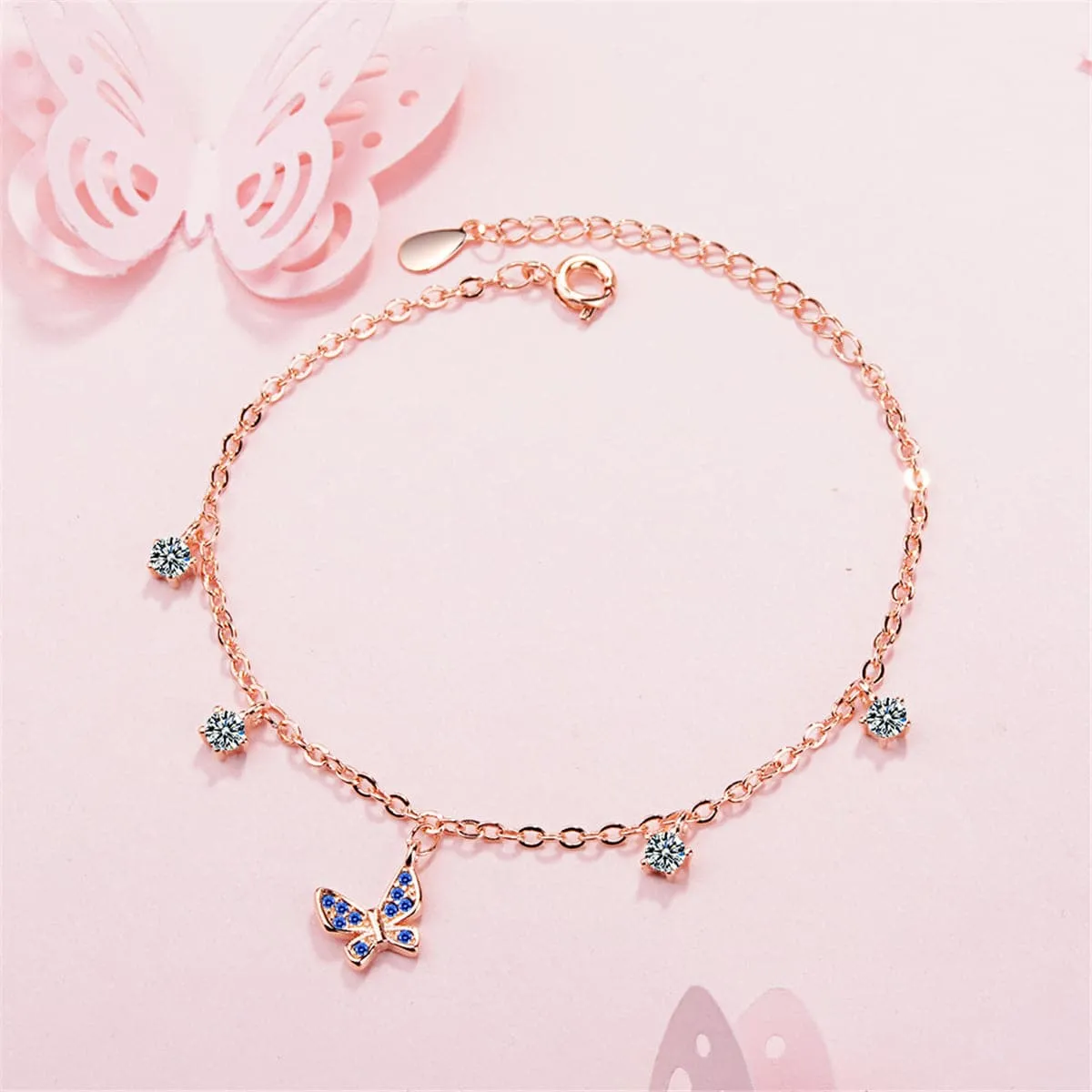 Cubic Zirconia & 18K Rose Gold-Plated Butterfly Charm Bracelet
