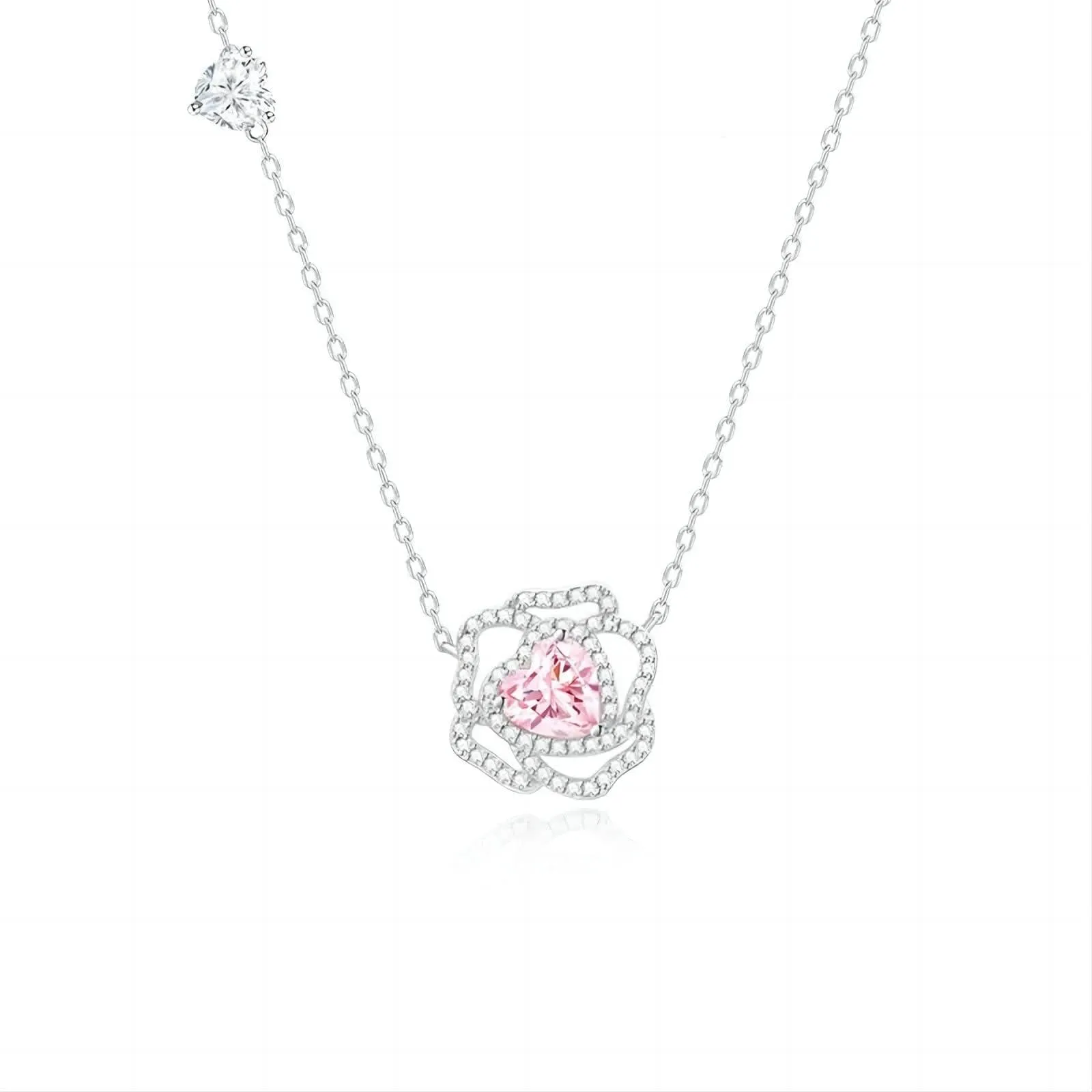 CZ Inlaid Pink Crystal Floral Heart Necklace