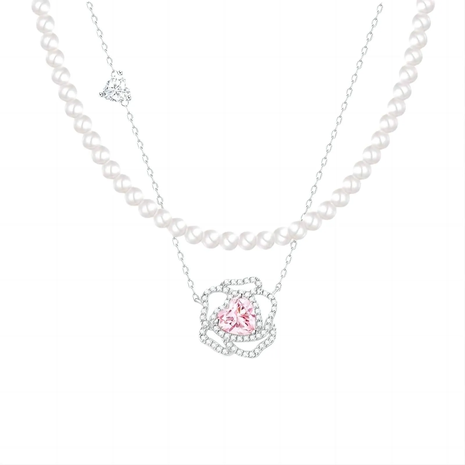 CZ Inlaid Pink Crystal Floral Heart Necklace