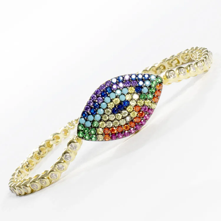 CZ Tennis Bracelet With Multicolor Evil Eye