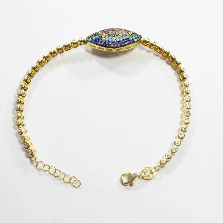 CZ Tennis Bracelet With Multicolor Evil Eye