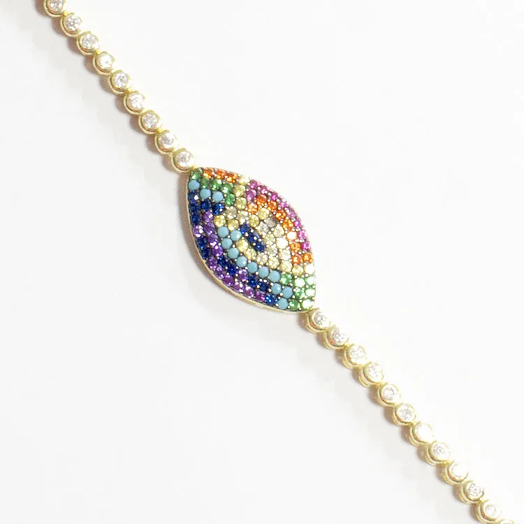 CZ Tennis Bracelet With Multicolor Evil Eye