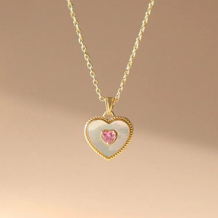 Dainty 18K Gold Filled Rhinestone Inlaid Natural Shell Heart Pendant Necklace
