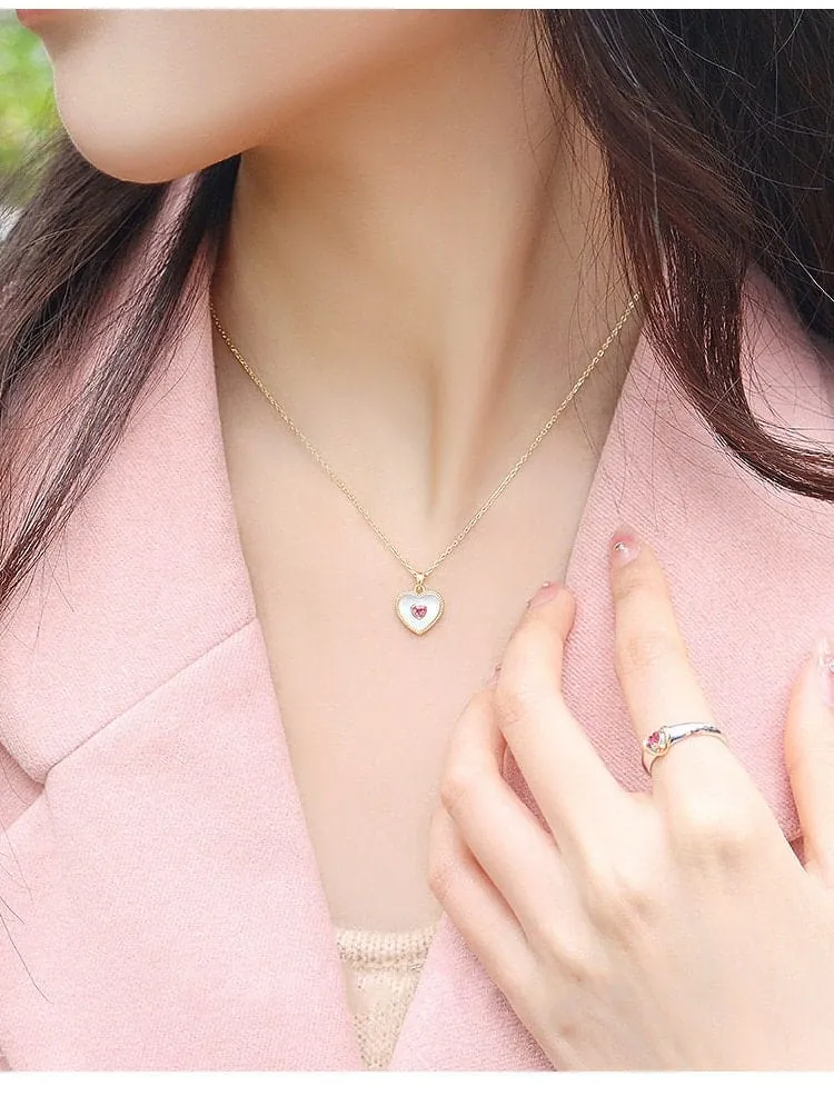 Dainty 18K Gold Filled Rhinestone Inlaid Natural Shell Heart Pendant Necklace