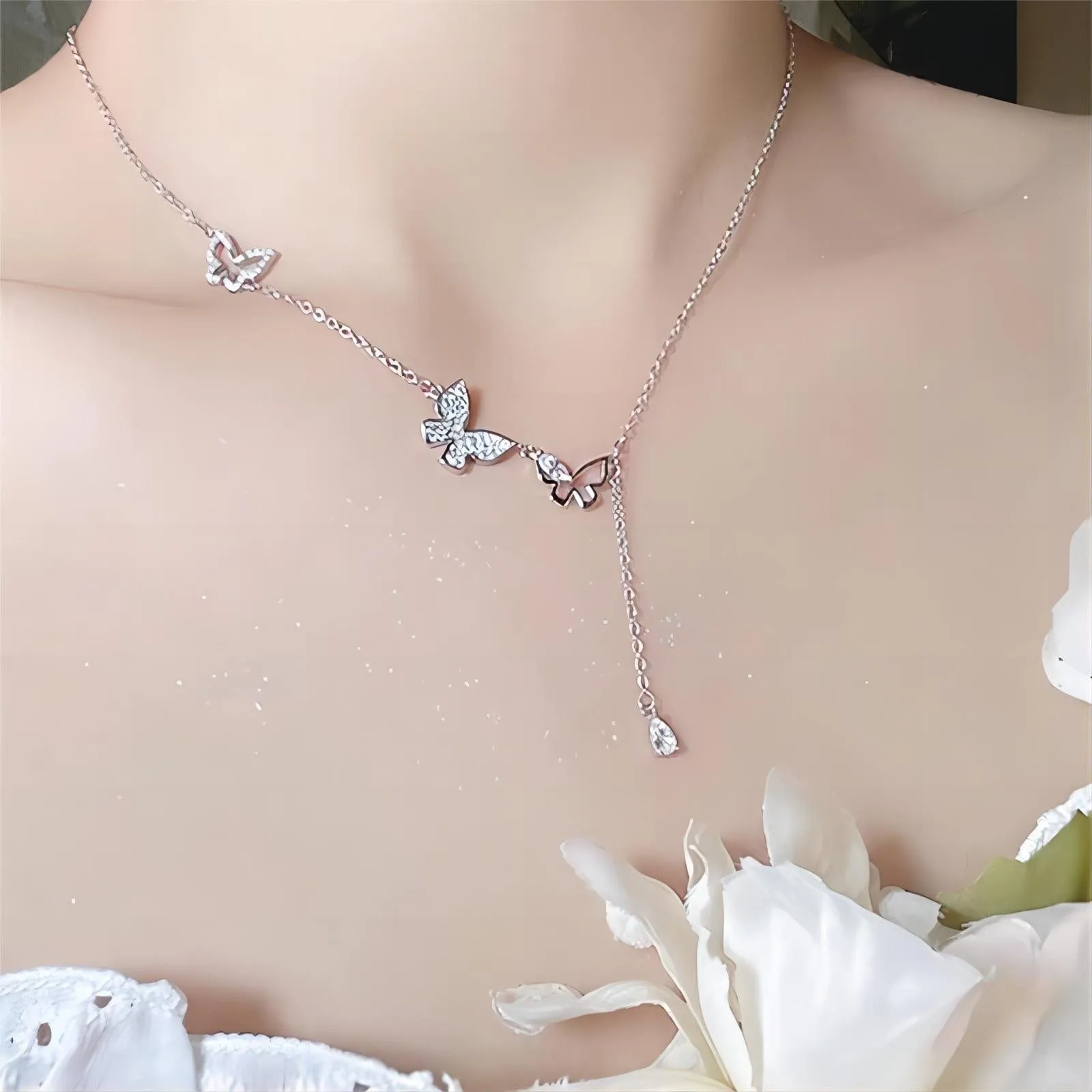 Dainty CZ Inlaid Hollowed-out Trio Butterfly Necklace