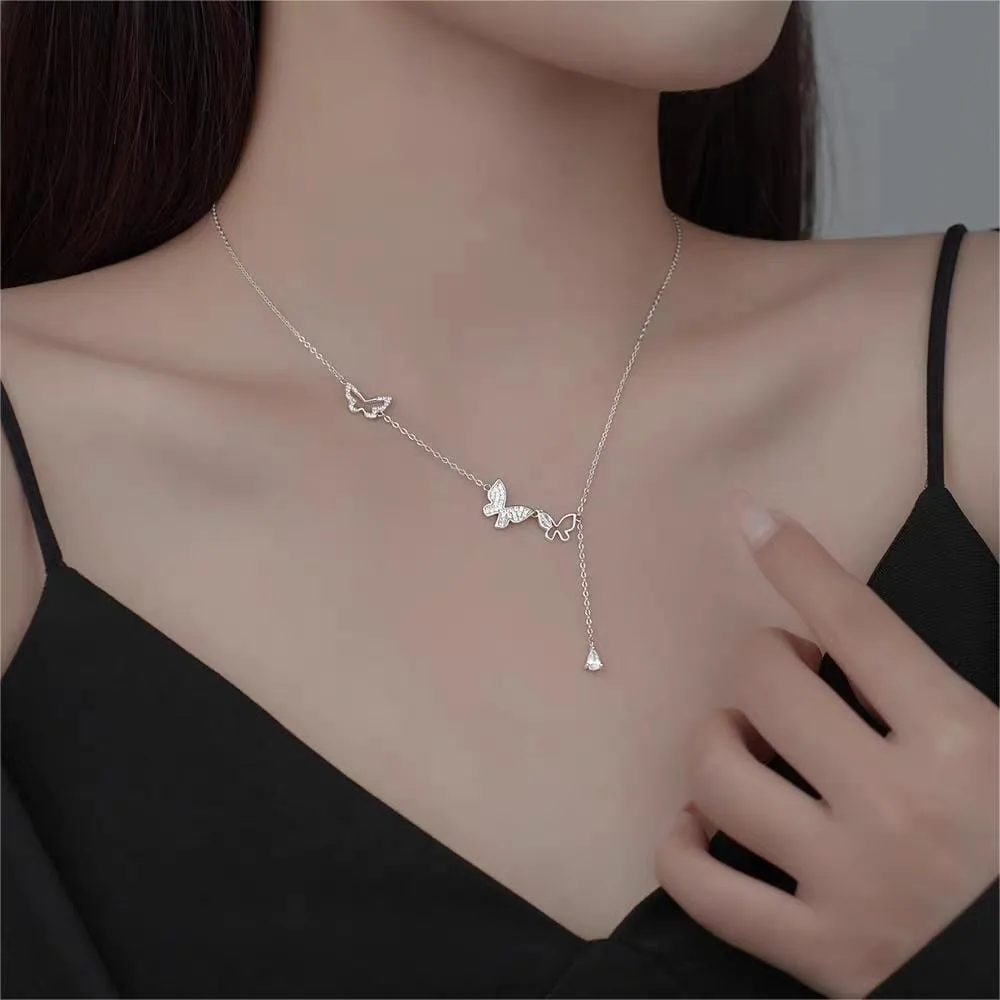 Dainty CZ Inlaid Hollowed-out Trio Butterfly Necklace