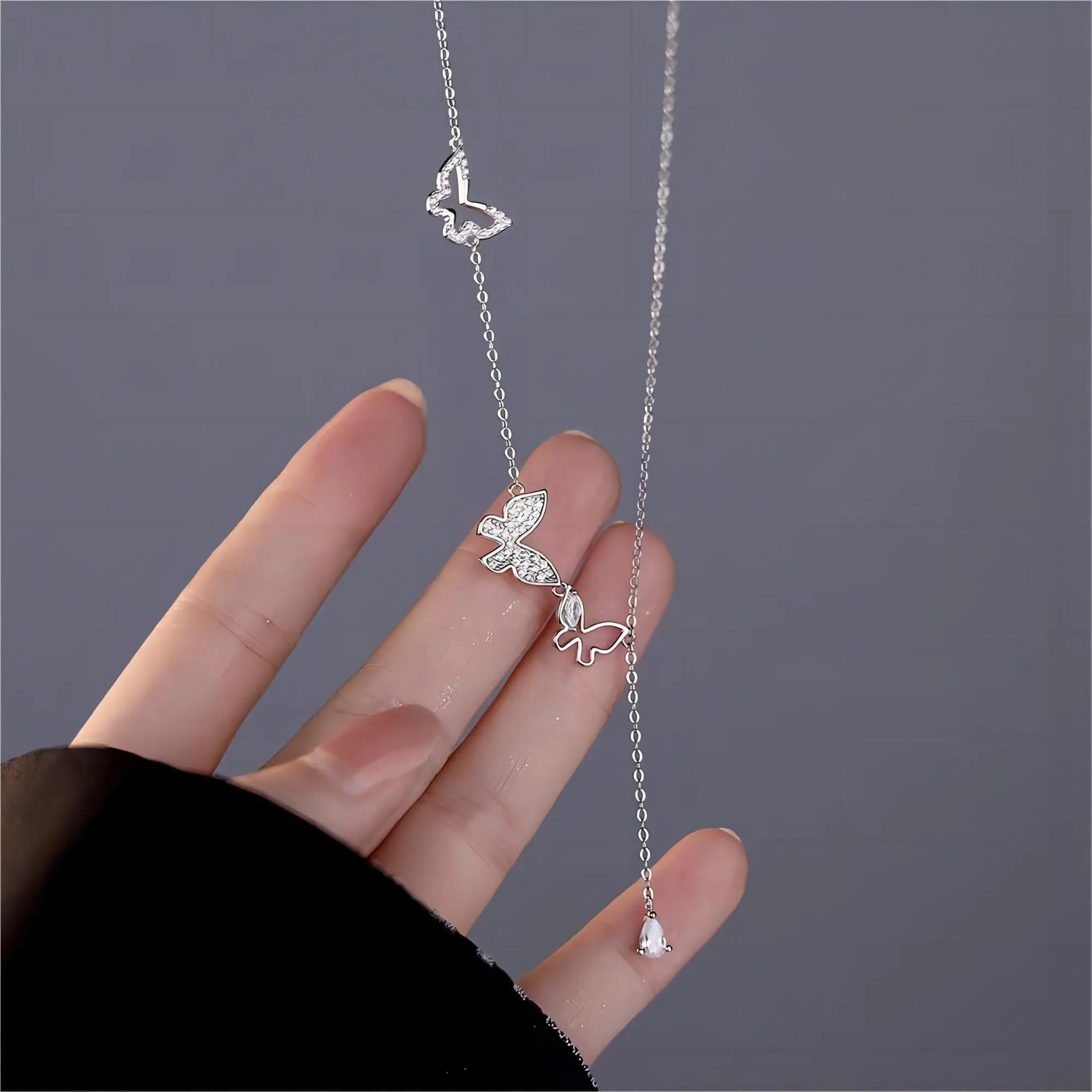 Dainty CZ Inlaid Hollowed-out Trio Butterfly Necklace