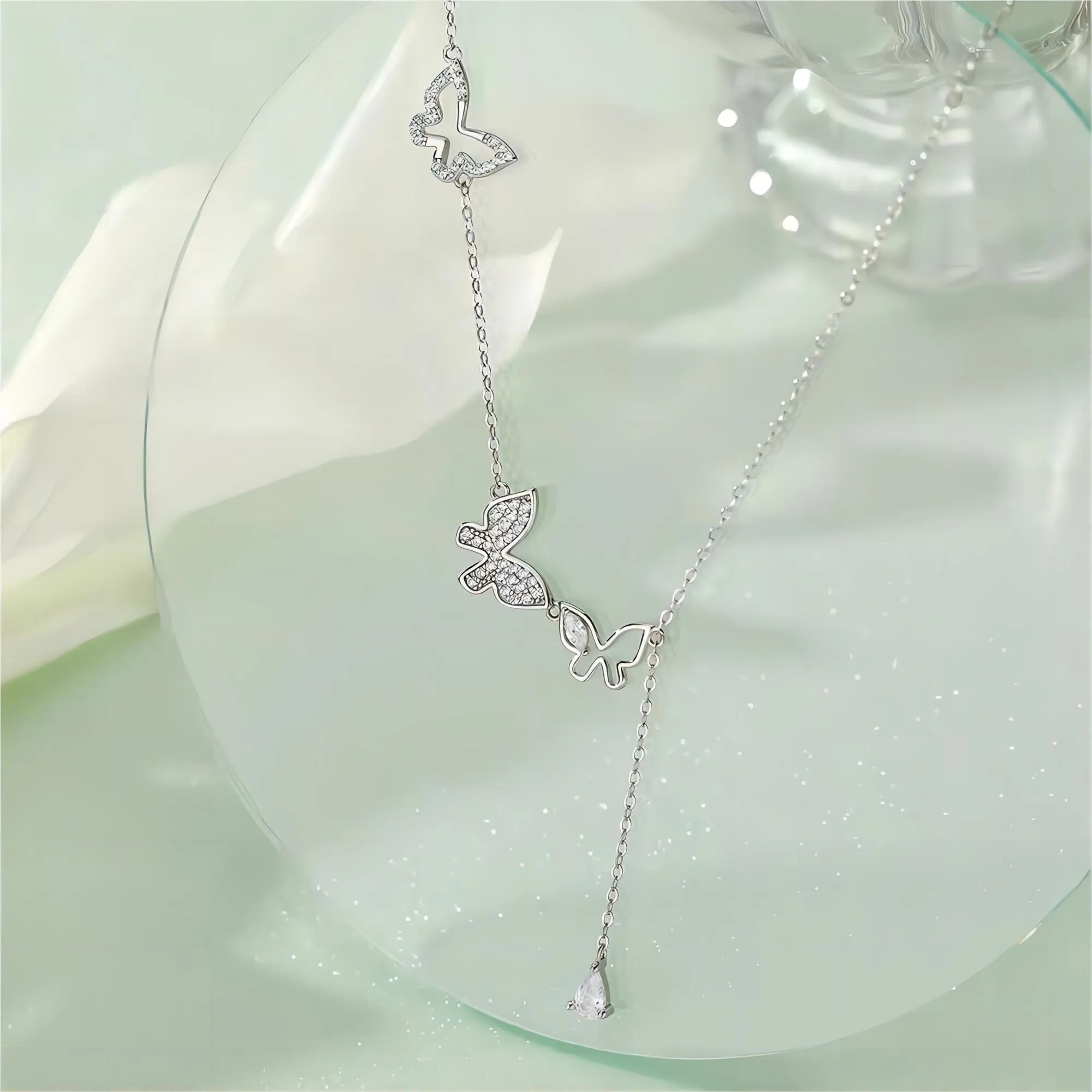 Dainty CZ Inlaid Hollowed-out Trio Butterfly Necklace