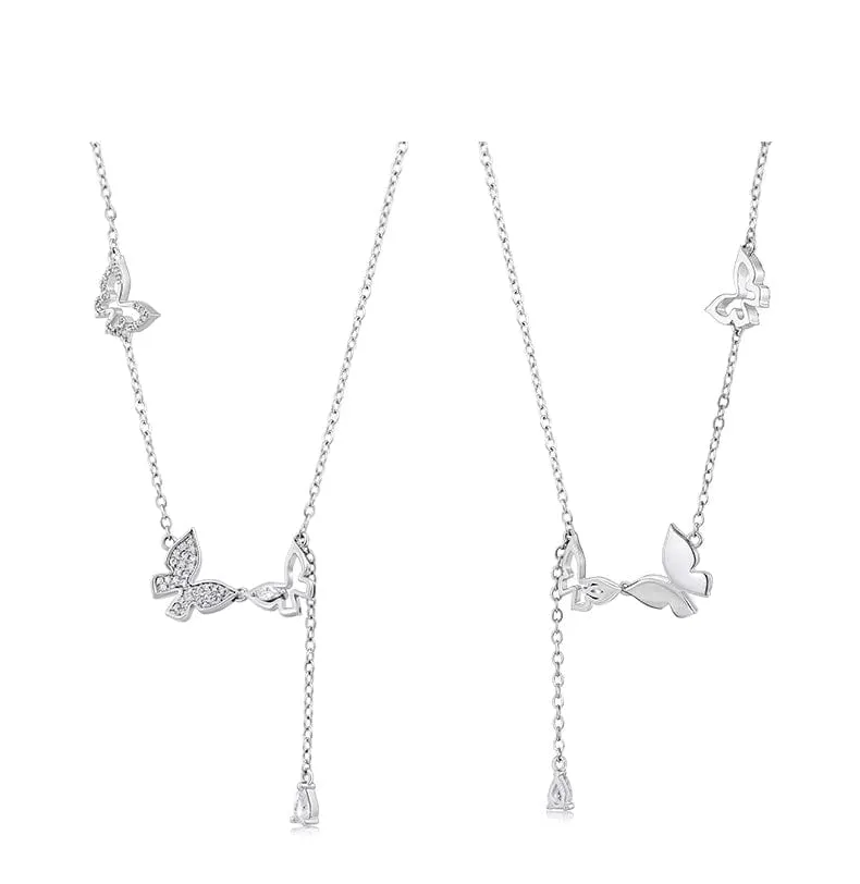 Dainty CZ Inlaid Hollowed-out Trio Butterfly Necklace