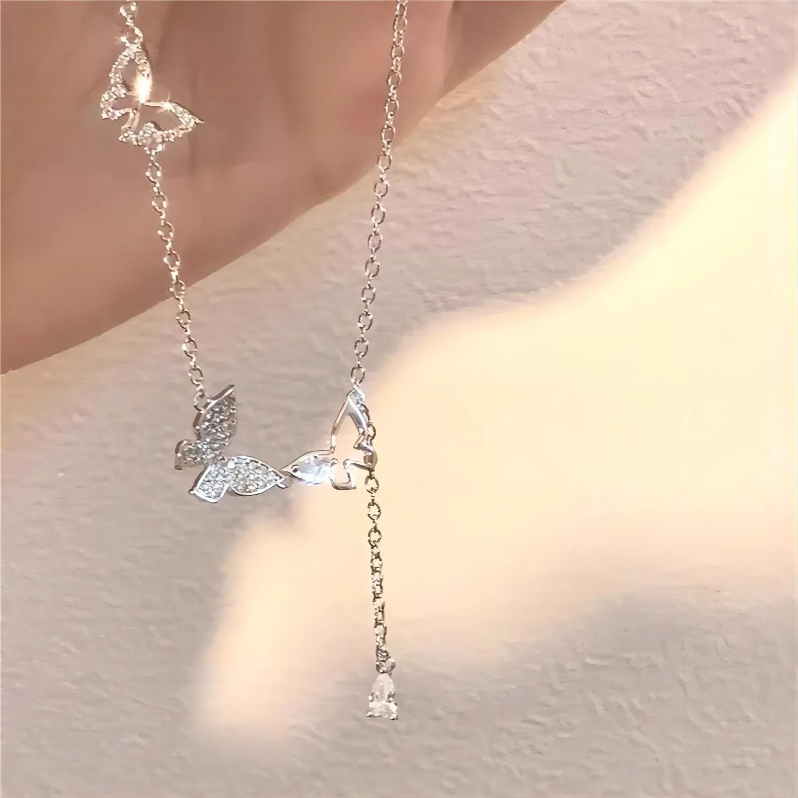 Dainty CZ Inlaid Hollowed-out Trio Butterfly Necklace
