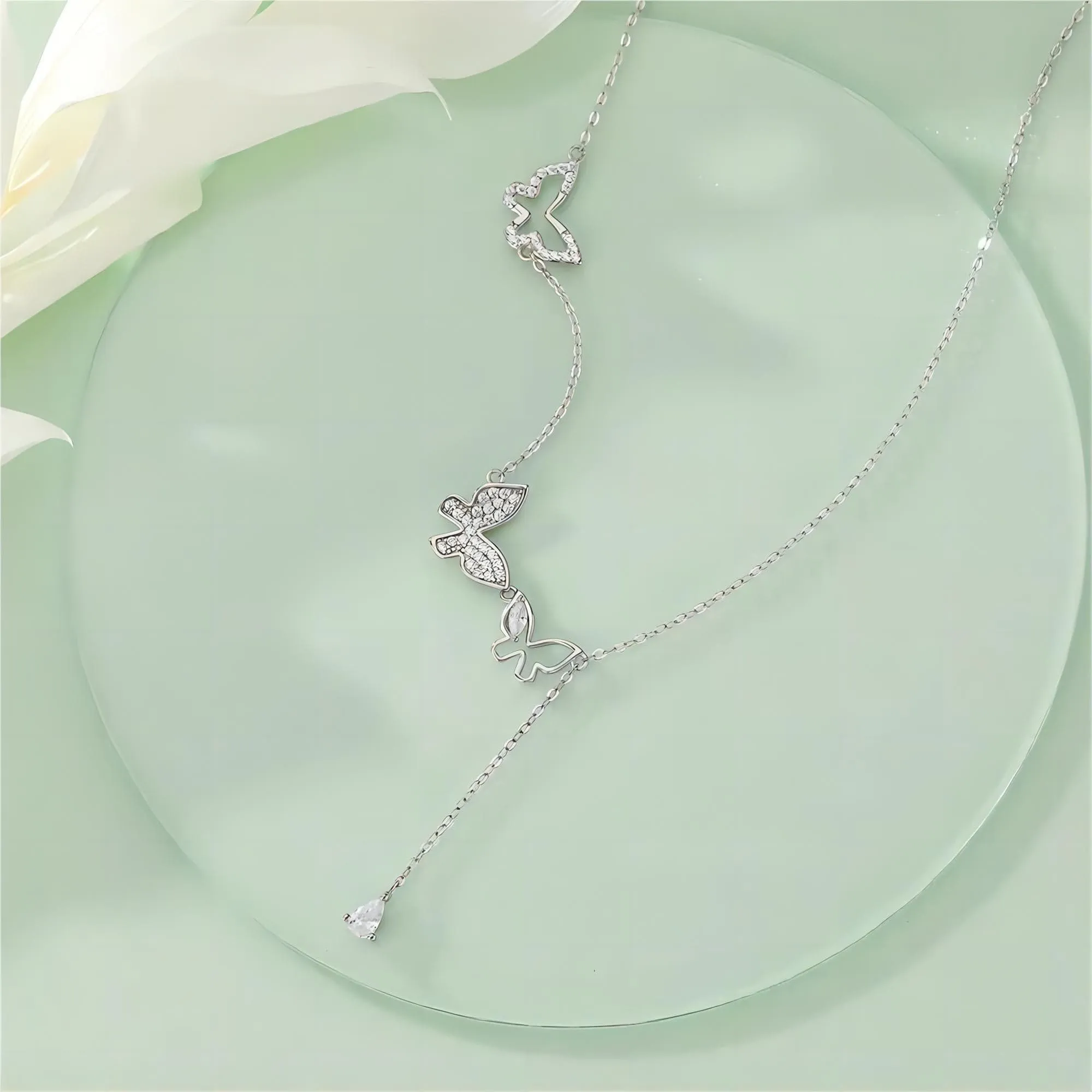 Dainty CZ Inlaid Hollowed-out Trio Butterfly Necklace