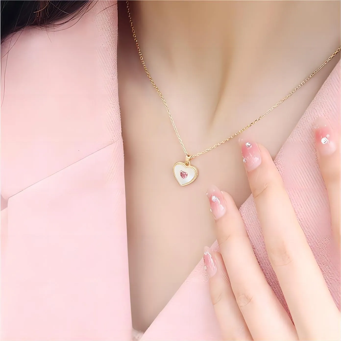 Dainty CZ Inlaid Natural Shell Heart Pendant Necklace