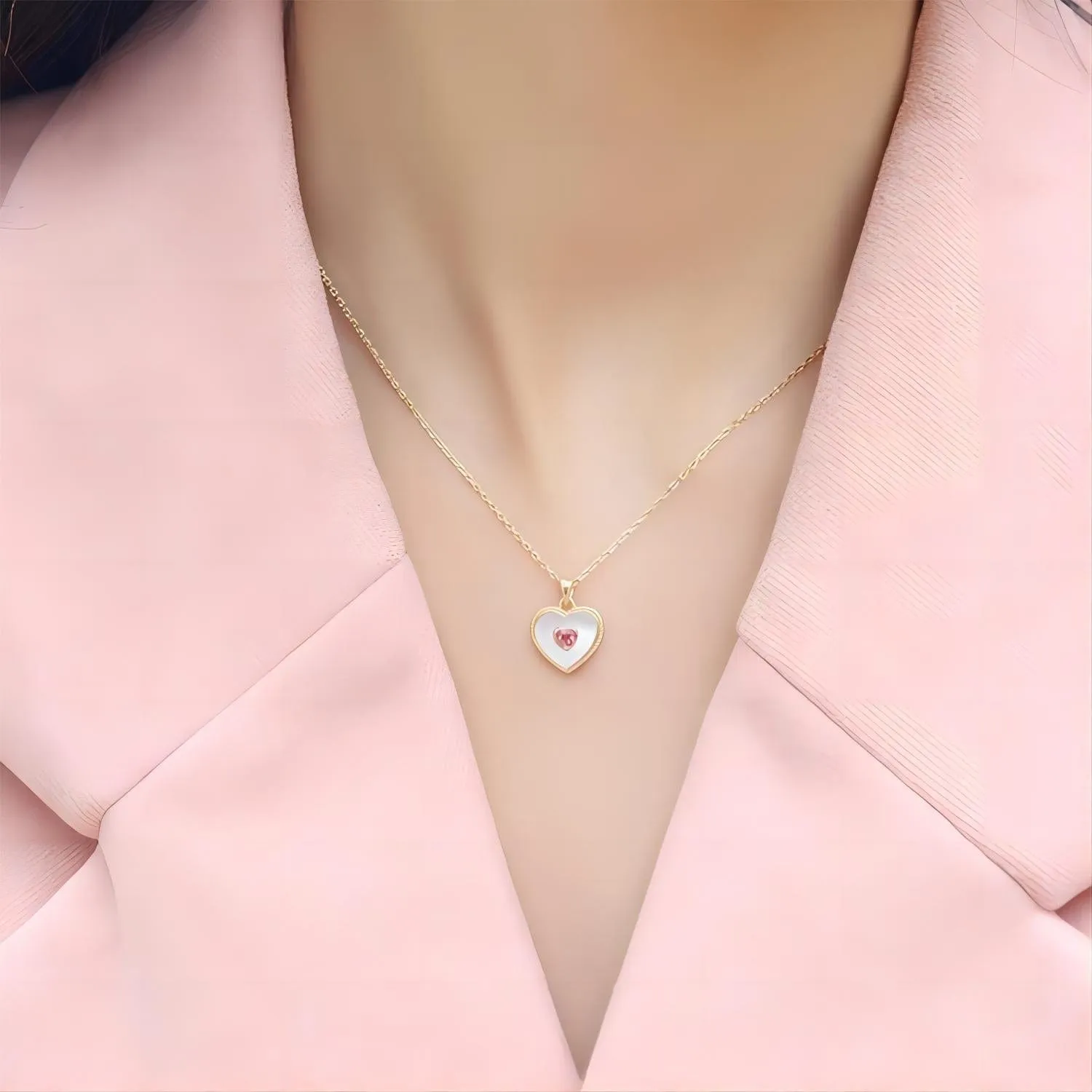 Dainty CZ Inlaid Natural Shell Heart Pendant Necklace