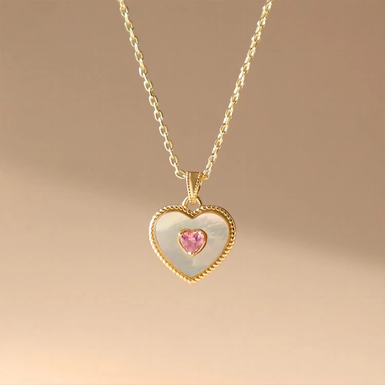 Dainty CZ Inlaid Natural Shell Heart Pendant Necklace