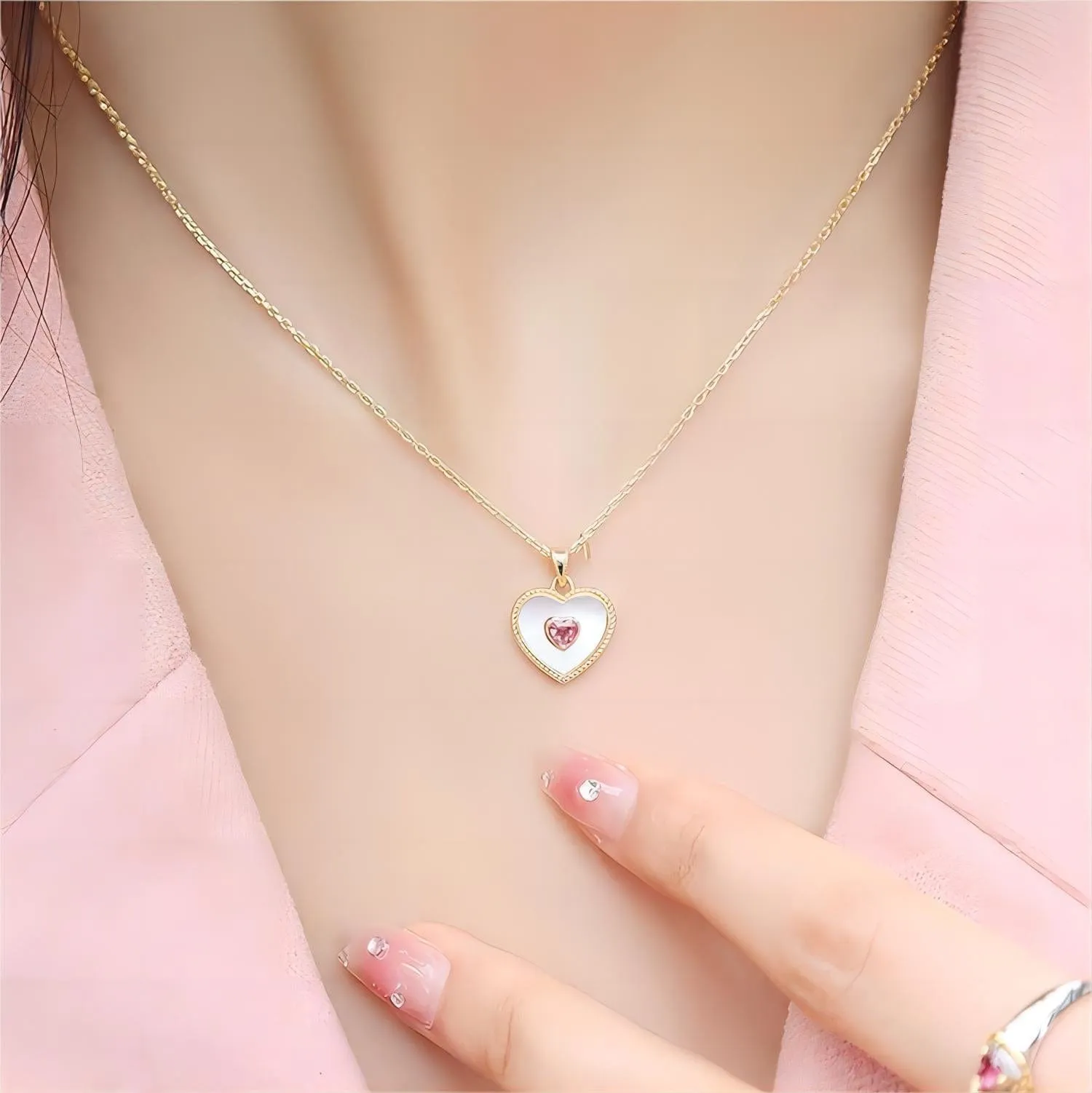 Dainty CZ Inlaid Natural Shell Heart Pendant Necklace