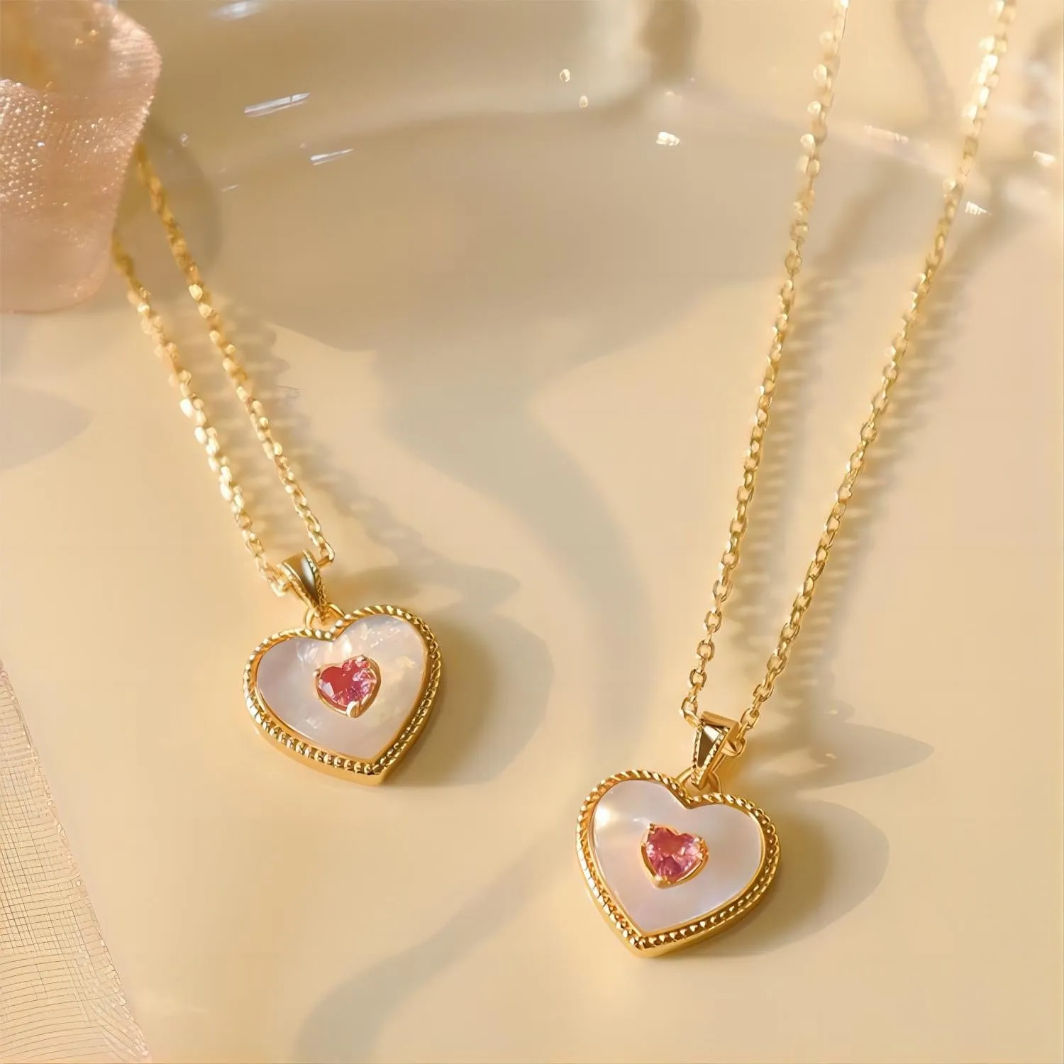 Dainty CZ Inlaid Natural Shell Heart Pendant Necklace