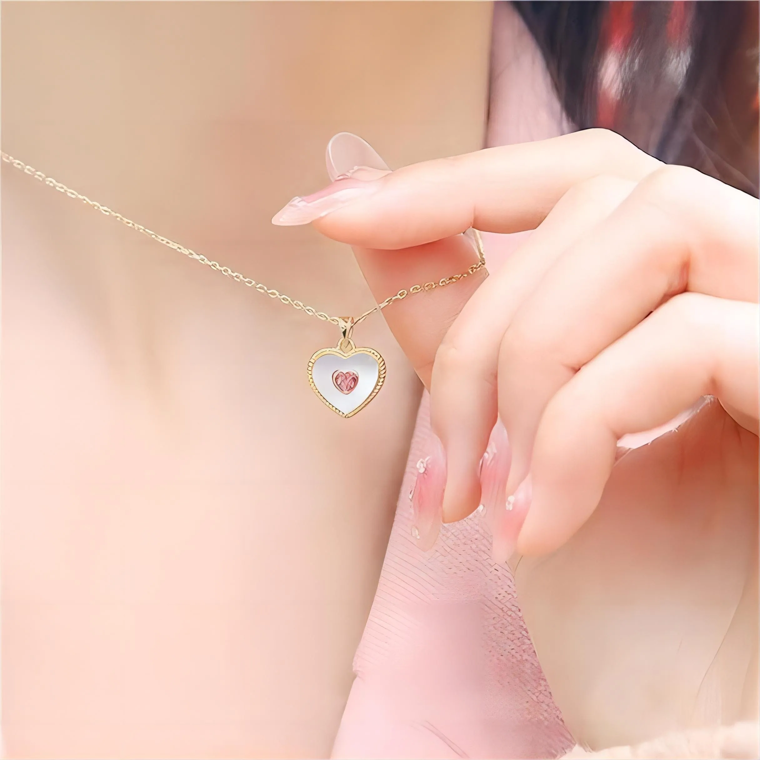 Dainty CZ Inlaid Natural Shell Heart Pendant Necklace