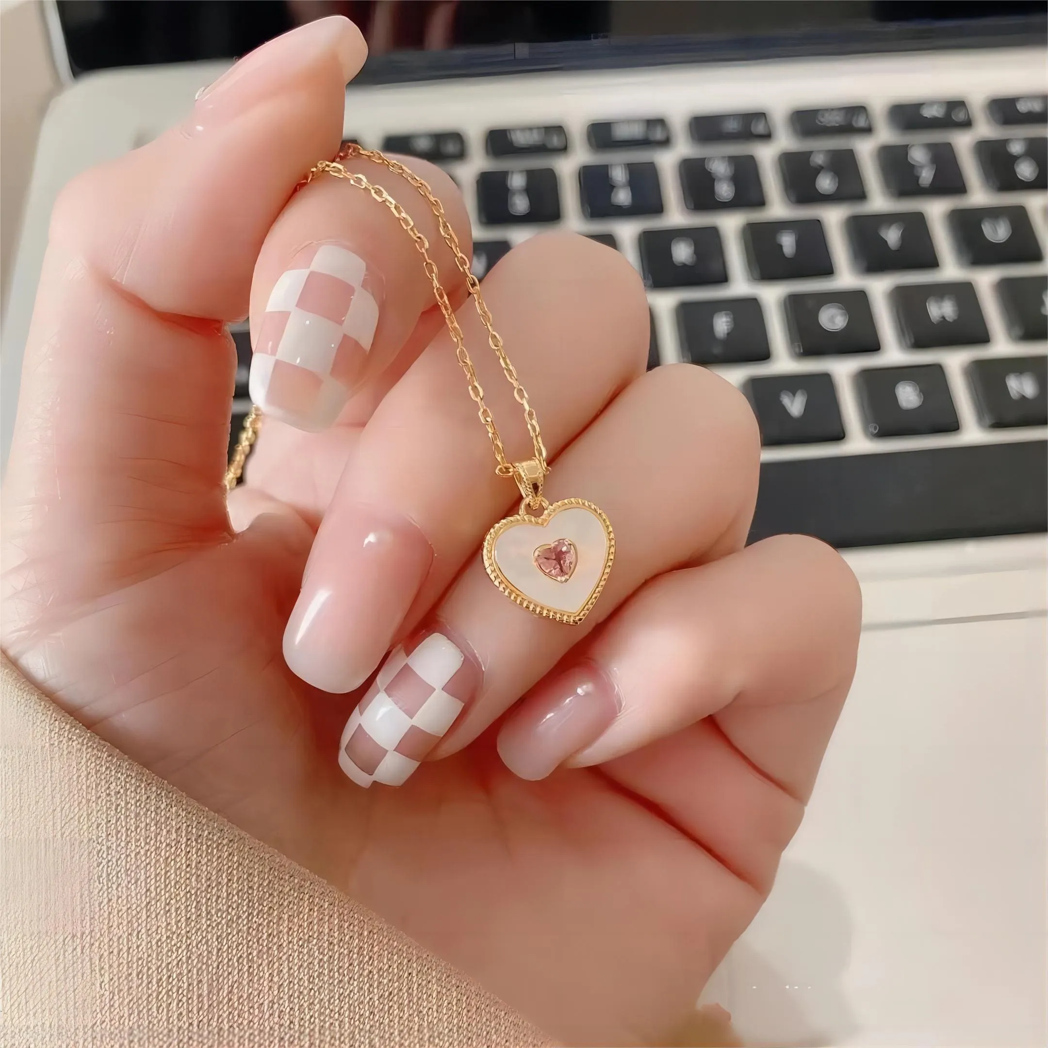 Dainty CZ Inlaid Natural Shell Heart Pendant Necklace