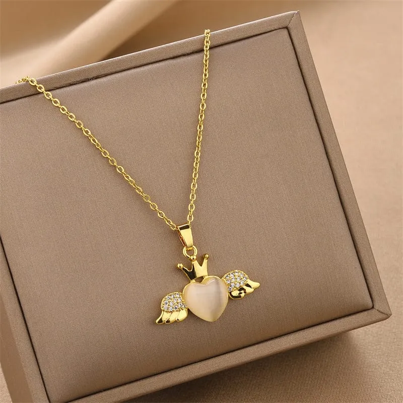 Dainty CZ Inlaid Opal Crown Heart Wings Necklace