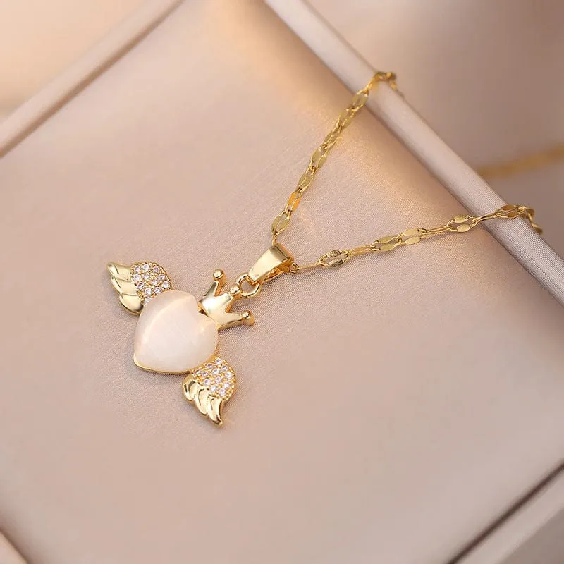 Dainty CZ Inlaid Opal Crown Heart Wings Necklace