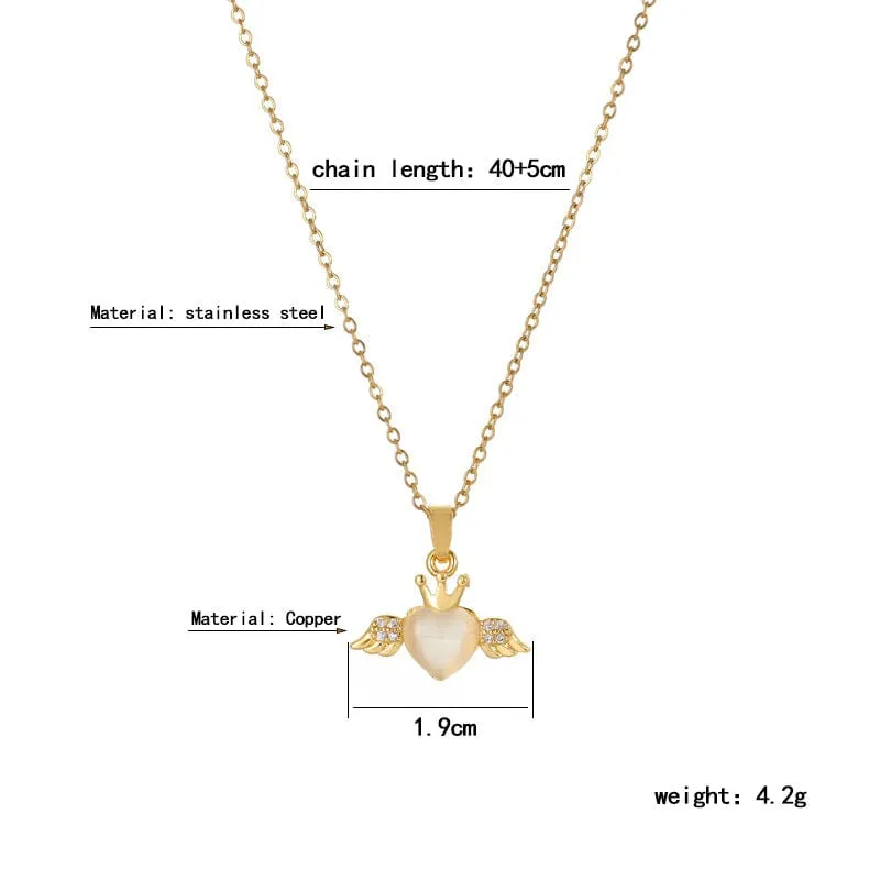 Dainty CZ Inlaid Opal Crown Heart Wings Necklace