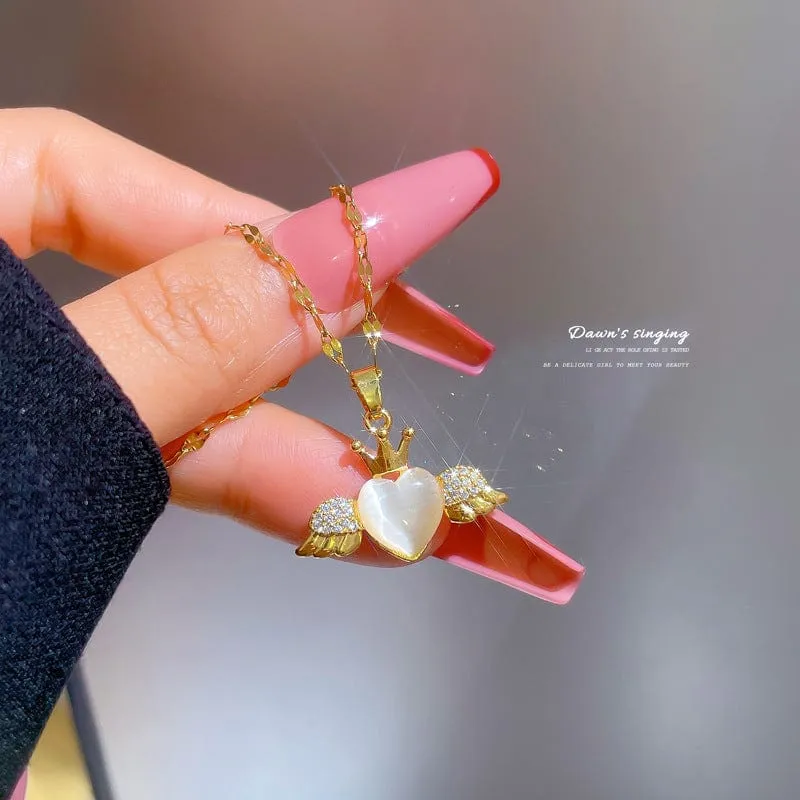 Dainty CZ Inlaid Opal Crown Heart Wings Necklace