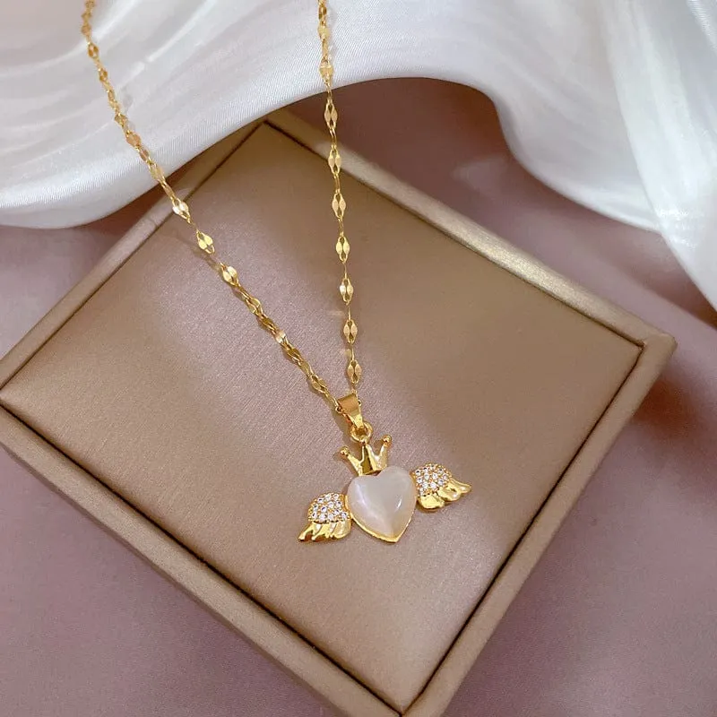 Dainty CZ Inlaid Opal Crown Heart Wings Necklace