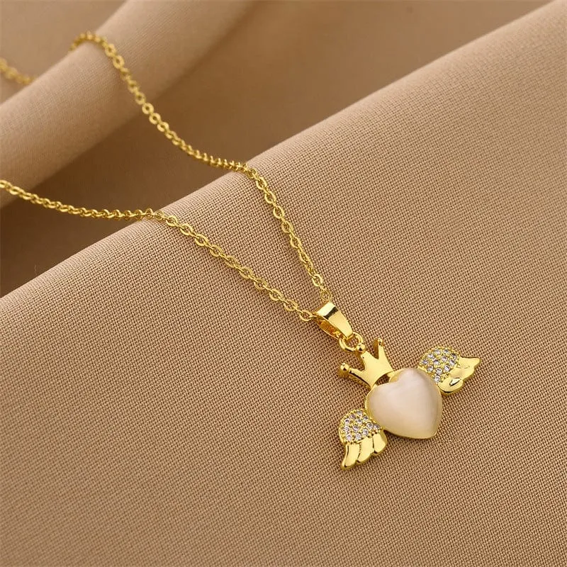Dainty CZ Inlaid Opal Crown Heart Wings Necklace