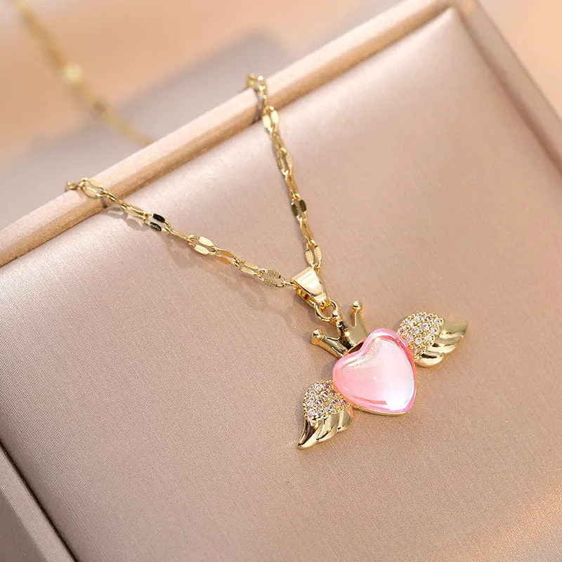Dainty CZ Inlaid Opal Crown Heart Wings Necklace