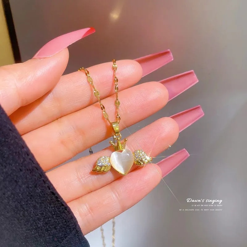 Dainty CZ Inlaid Opal Crown Heart Wings Necklace