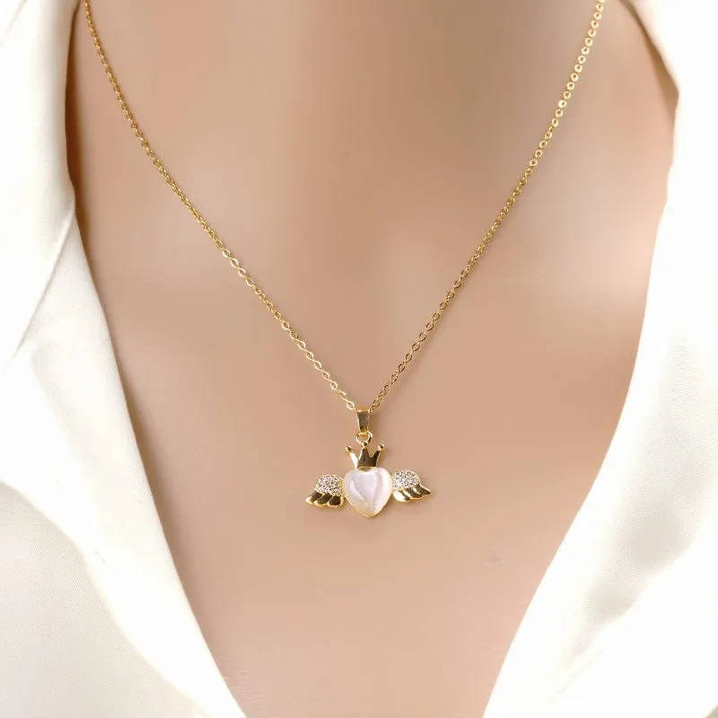 Dainty CZ Inlaid Opal Crown Heart Wings Necklace