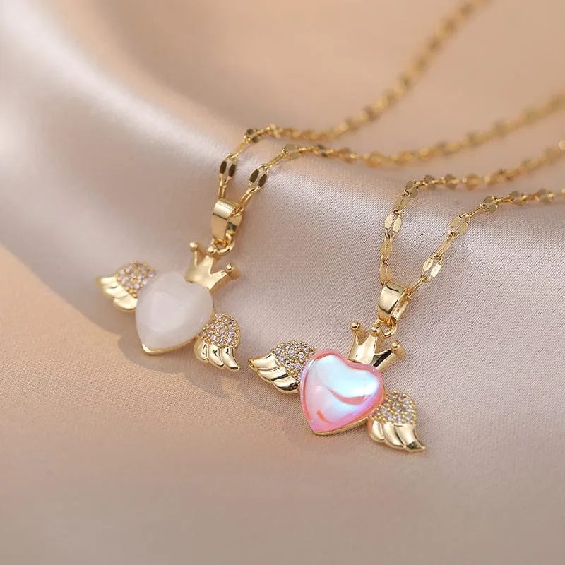 Dainty CZ Inlaid Opal Crown Heart Wings Necklace