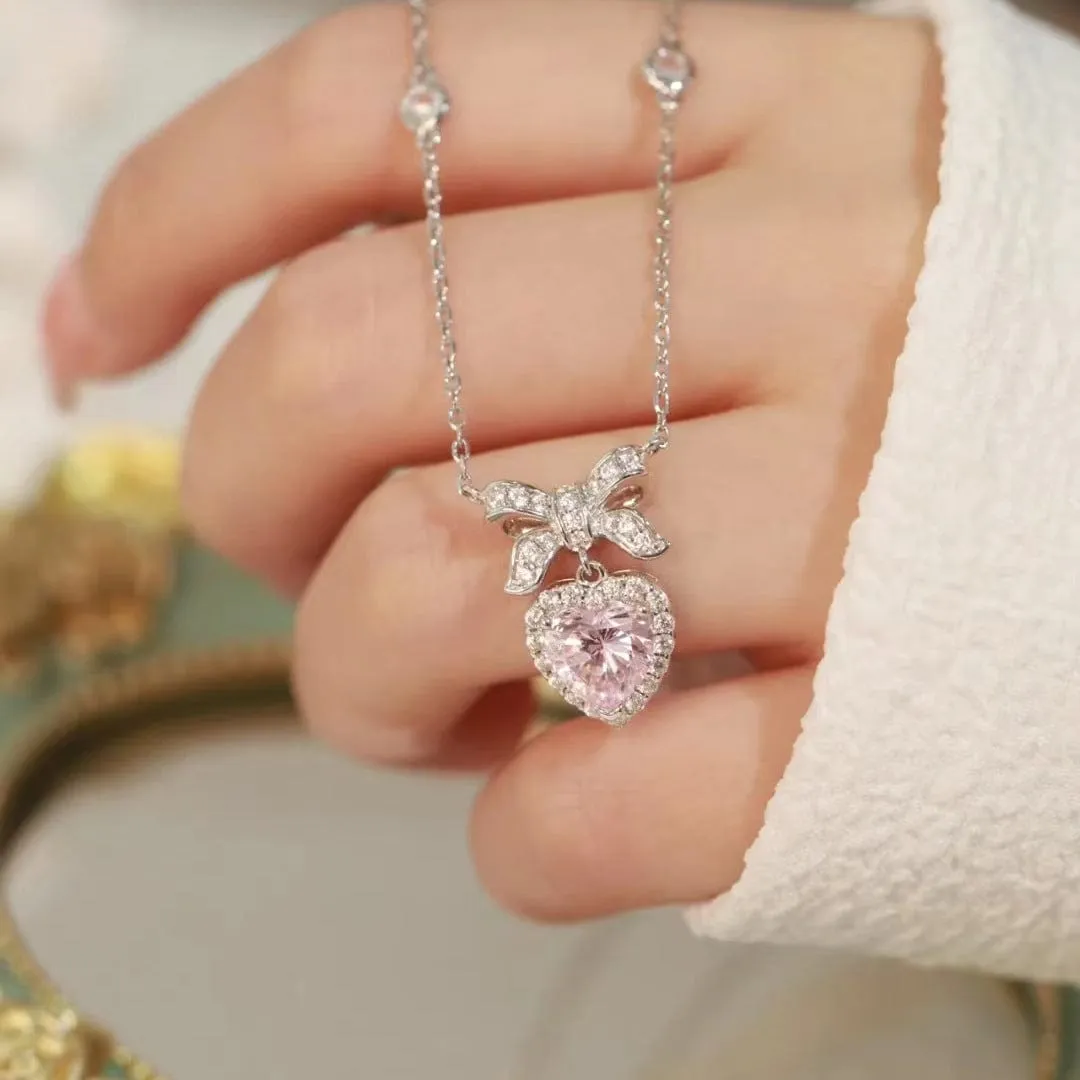 Dainty CZ Inlaid Pink Crystal Bowknot Heart Necklace