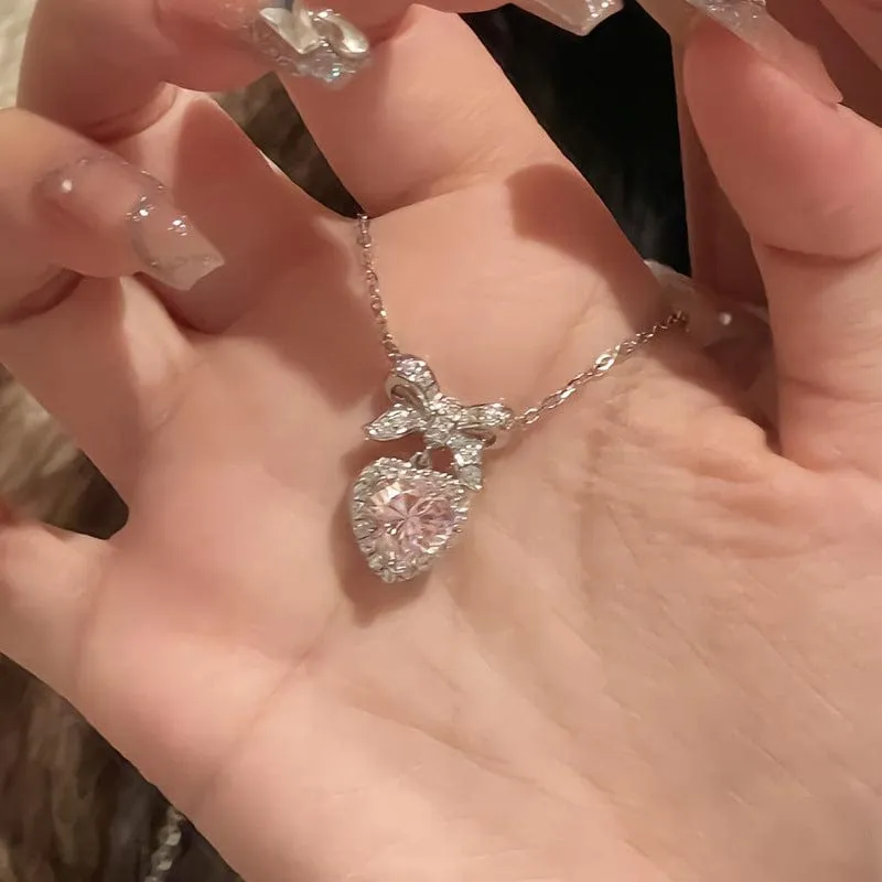 Dainty CZ Inlaid Pink Crystal Bowknot Heart Necklace